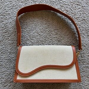 TELENA Canvas & Vegan Leather Shoulder Bag | Tan & Cream Saddle Flap Purse